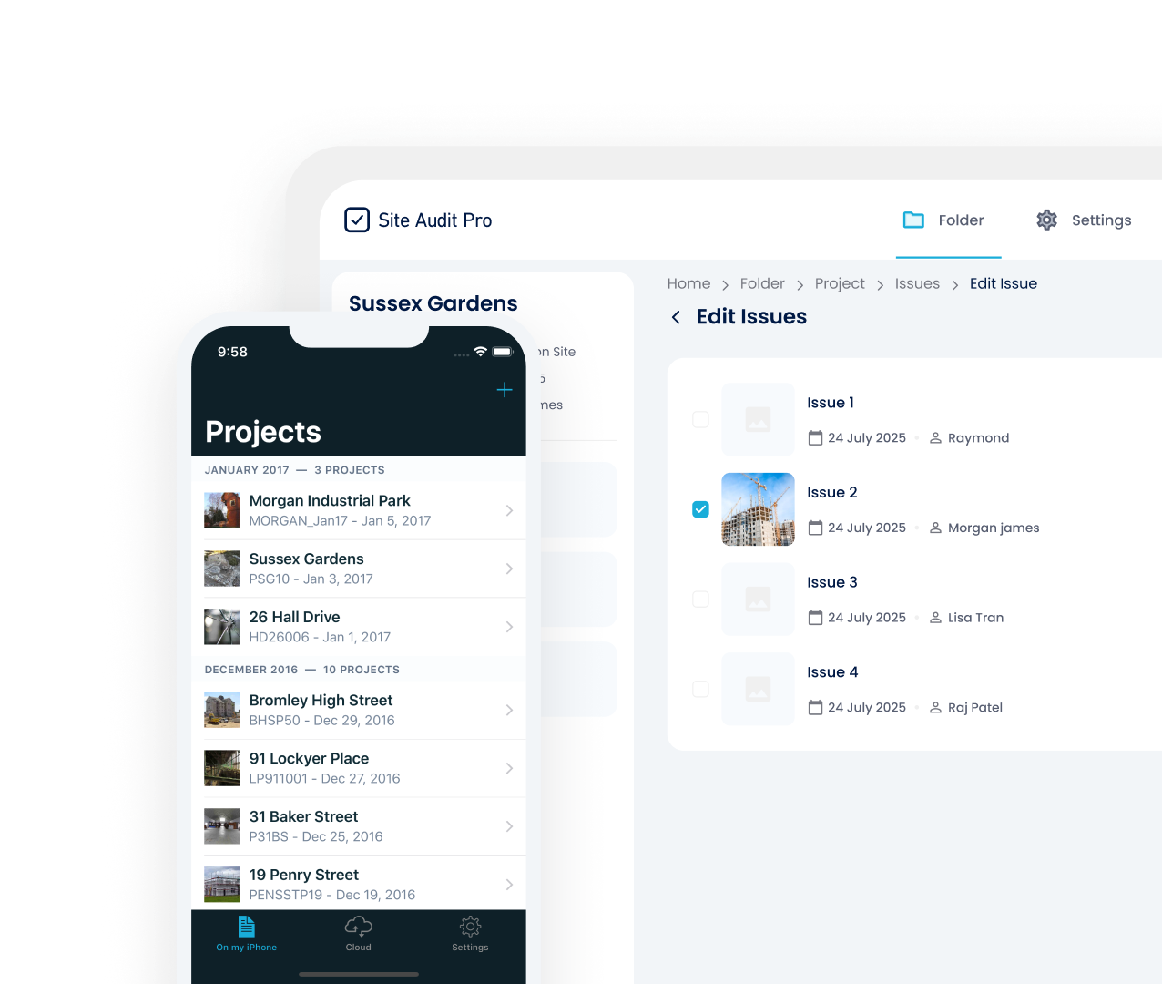 Site Audit Pro inspection app on mobile and desktop